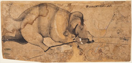 Rao Ram Singh’s Elephant Gone Amok, c. 1700. Northwestern India, Rajasthan, Rajput Kingdom of Kota.