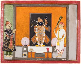 Raja Ram Singh (?) worships Krishna as Brij Nathji (the bridegroom), c. 1820. Northwestern India,