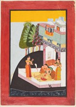 A Disconsolate Lady on a Terrace with Attendants, c. 1730. Northwestern India, Rajasthan, Rajput