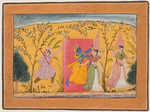 Krishna Exacts a toll from the Milkmaids, from a Bhagavata Purana, c. 1600. Northwestern India,