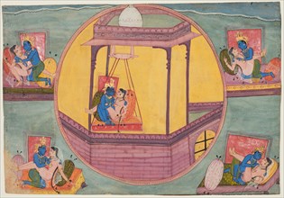 Five poses of Krishna making love, from a Bhagavata Purana, c. 1600. Northwestern India, Rajasthan,