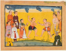 A page from the Mahabharata: Bhima fighting with Jayadratha, c. 1615. India, Popular Mughal School,