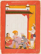 Krishna and Balarama Touching the Feet of Vasudeva and Devaki, 1730-40. Northern India, Himachal