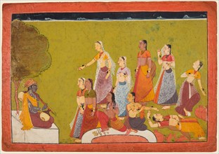 A group of women in ecstasy before before Madhava, from a Madhavanala Kamakandala series, c. 1700.