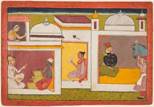 Inside a building, Madhava sits facing a man holding a scale, from a Madhavanala Kamakandala