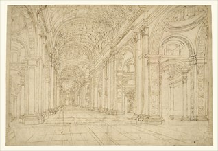 Interior of Saint Peter's Basilica; 17th century; Black chalk, pen and brown ink; 28.9 x 42.9 cm, 11 3,8 x 16 7,8 in