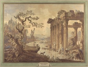 Landscape with Ruins; Hubert Robert, French, 1733 - 1808, 1772; Pen and brown ink and brush and brown and blue washes