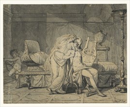 Paris and Helen; Jacques-Louis David, French, 1748 - 1825, 1786; Pen and black ink and brush and gray wash; 18.3 x 22.9 cm