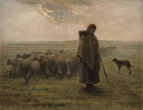 Shepherdess and Her Flock; Jean-François Millet, French, 1814 - 1875, 1862 - 1863; Black chalk and pastel; 36.4 × 47.5 cm