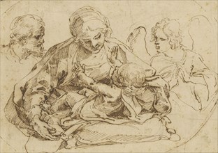 Holy Family with an Angel; Guido Reni, Italian, 1575 - 1642, mid - late 1590s; Pen and brown ink; 14.1 x 20 cm