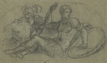 Seated Male Figure with Putto and Armor; Paris Bordone, Italian, Venetian, 1500 - 1571, Italy; about 1550; Black chalk on blue