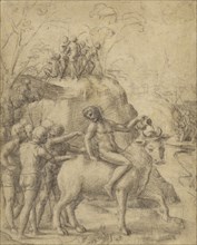 A Man Riding a Bull, and Other Figures; Correggio, Antonio Allegri, Italian, about 1489 - 1534, about 1517 - 1519; Black chalk