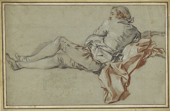 Reclining Male Figure; François Boucher, French, 1703 - 1770, 1736; Black, red and white chalk on blue paper; 27.9 x 44.1 cm