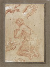 Three Studies of Women, recto, Four Studies of Hands and a Counterproof of a Kneeling Young Man, verso, Abraham Bloemaert