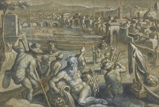 The Arno with Fishermen; Stradanus, Flemish, 1523 - 1605, Netherlands; between 1580 and 1596; Pen and brown ink, brown and blue