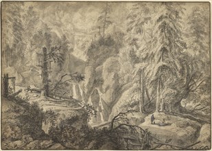 Mountain Landscape, Peasants in a Clearing near a Waterfall, recto, Landscape Sketch, verso, Anthonie Waterloo Dutch, 1609