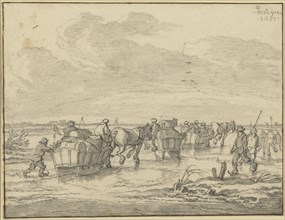 A Scene on the Ice with Skaters and Wagons; Pieter Molijn, Dutch, 1595 - 1661, 1655; Black chalk with gray wash; 14.9 x 19.4 cm