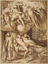 Venus and Mars Surprised by Vulcan; Hendrick Goltzius, Dutch, 1558 - 1617, 1585; Pen and brown ink, brown wash, white gouache