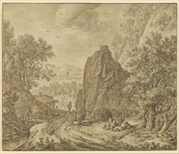 Mountain Landscape with Figures; Herman Saftleven the Younger, Dutch, 1609 - 1685, 1648 - 1652; Black chalk and brown wash