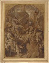 The Entombment; Federico Barocci, Italian, about 1535 - 1612, about 1579 - 1582; Black chalk and oil paint on oiled paper
