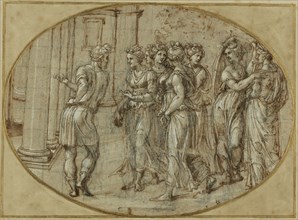 Odysseus and the Daughters of Lycomedes; Baldassare Peruzzi, Italian, 1481 - 1536, about 1520; Pen and brown ink, black chalk