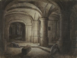 The Crypt of a Church with Two Men Sleeping; Hendrick van Steenwijck the Younger, Flemish, 1580 - 1649, Netherlands; possibly