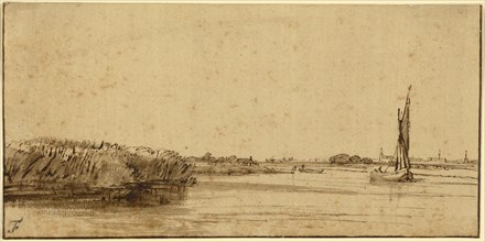 A Sailing Boat on a Wide Expanse of Water; Rembrandt Harmensz. van Rijn, Dutch, 1606 - 1669, about 1650; Pen and brown ink
