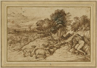 Pastoral Scene; Titian, Tiziano Vecellio, Italian, about 1487 - 1576, Italy; about 1565; Pen and brown ink, black chalk
