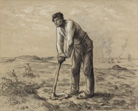 Man with a Hoe; Jean-François Millet, French, 1814 - 1875, about 1860 - 1862; Black chalk and white chalk heightening on buff