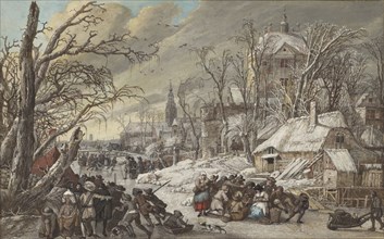 Figures on a Frozen Canal; Gerrit Battem, Dutch, about 1636 - 1684, 1670s; Pen and dark brown ink, watercolor and gouache