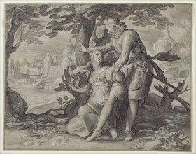 Young Woman Assisted by a Gentleman; Joachim Anthonisz. Wtewael, Dutch, 1566 - 1638, about 1609 - 1611; Pen and black ink, gray