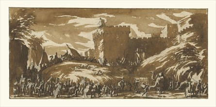 An Army Leaving a Castle; Jacques Callot, French, 1592 - 1635, France; about 1632; Brush and brown wash over black chalk