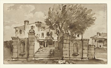 View of a Villa; Giovanni Battista Tiepolo, Italian, 1696 - 1770, Italy; 1757 - 1759; Pen and brown ink and brown wash