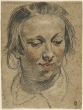 Head of a Woman; Jacob Jordaens, Flemish, 1593 - 1678, about 1635; Black and red chalk, brush and dark brown wash with white