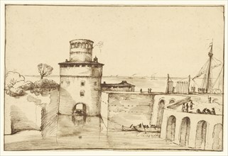 Landscape with a View of a Fortified Port; Guercino, Giovanni Francesco Barbieri, Italian, Bolognese, 1591 - 1666, Italy