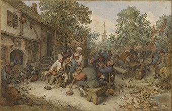 Peasant Festival on a Town Street; Adriaen van Ostade, Dutch, 1610 - 1685, 1674; Pen and ink over watercolor and gouache