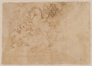 The Swooning Virgin Supported by Three Holy Women and Three Studies of Men, recto, Saint George and the Dragon, verso, Cesare