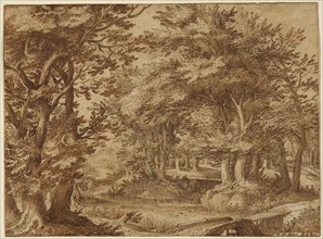 Forest Landscape with a Distant Castle; Denys van Alsloot, Flemish, 1570 - 1628, Netherlands; 1608; Pen and brown ink and brush