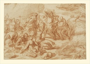 The Crossing of the Red Sea; Nicolas Poussin, French, 1594 - 1665, about 1634; Red chalk; 15.6 x 22.5 cm, 6 1,8 x 8 7,8 in