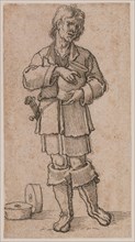 A Young Peasant Holding a Jar; Sebald Beham, German, 1500 - 1550, Germany; about 1520; Pen and brown ink over black chalk