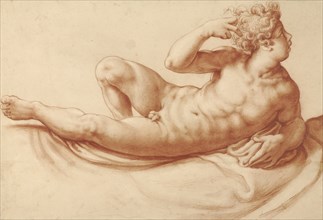 Reclining Male Nude; Francesco Salviati, Italian, 1510 - 1563, about 1550; Red chalk with stumping, heightened with white