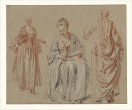 Studies of Three Women; Jean-Antoine Watteau, French, 1684 - 1721, France; about 1716 - 1717; Red, black, and white chalk