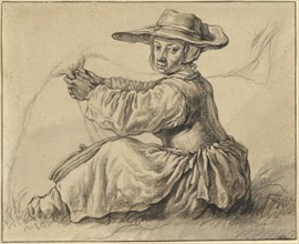 A Milkmaid; Aelbert Cuyp, Dutch, 1620 - 1691, about 1642 - 1646; Black chalk, graphite, gray wash; 12.1 x 14.8 cm