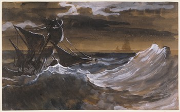 Sailboat on the Sea; Théodore Géricault, French, 1791 - 1824, about 1818 - 1819; Brush and brown wash, blue watercolor, opaque