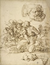 A Group of Shepherds, and Other Studies; Agostino Carracci, Italian, 1557 - 1602, Italy; about 1598 - 1600; Pen and brown ink