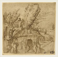 A Thebaid: Monks and Hermits in a Landscape; Lorenzo Costa, Italian, about 1459,1460 - 1535, about 1505; Pen and brown ink