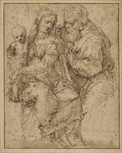 The Holy Family; Baldassare Peruzzi, Italian, 1481 - 1536, Italy; about 1515; Pen and brown ink, black chalk; top left squared