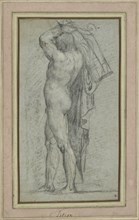 Nude Man Carrying a Rudder on His Shoulder; Titian, Tiziano Vecellio, Italian, about 1487 - 1576, about 1555 - 1556; Black