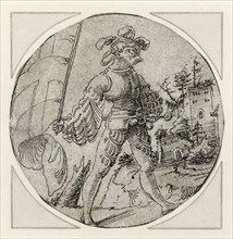 A Standard Bearer before a Castle; Master of the Berlin Roundels, German, active 1515, Germany; about 1515; Pen and black ink