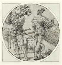 A Flutist and Drummer Before a Moated Castle; Master of the Berlin Roundels, German, active 1515, Germany; about 1515; Pen
